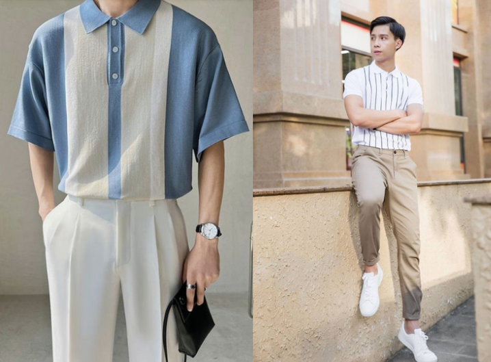 áo polo sọc kẻ với quây tây sáng màu