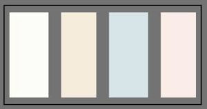 alt="Bảng màu sáng và trung tính gồm trắng, be, xanh pastel và hồng nhạt"