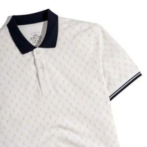 áo polo nam trắng họa tiết monogram cổ xanh navy